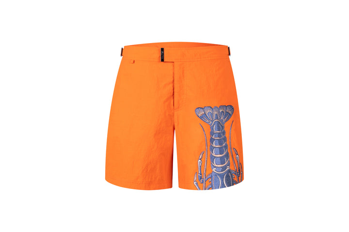 RAUTER Atlas Abissal VI — blue lobster 3D print men's swim shorts on orange, view 1 of 6