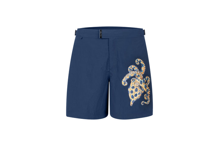RAUTER Atlas Abissal IV — blue-ringed octopus 3D print men's swim shorts on navy, view 1 of 7
